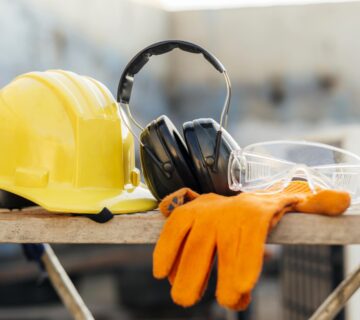 Front view protective glasses with hard hat headphones 360x320