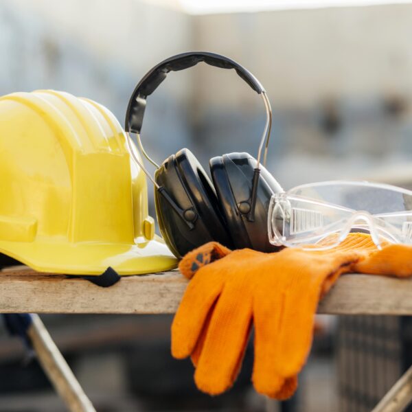 Front view protective glasses with hard hat headphones